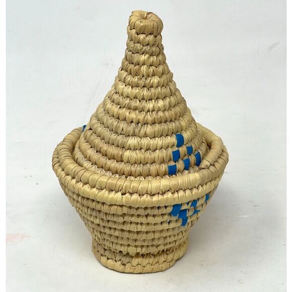 Vintage Mini Grass Papago Basket w/Lid Woven Coiled Natural & Blue Tohono Indian - Picture 1 of 7